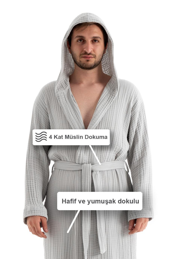 Unisex Kapşonlu 4 Kat Müslin Bornoz - Gri görsel 3