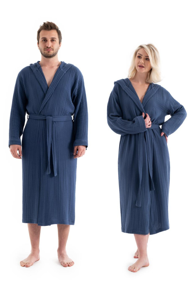 Unisex Kapşonlu 4 Kat Müslin Bornoz - Lacivert