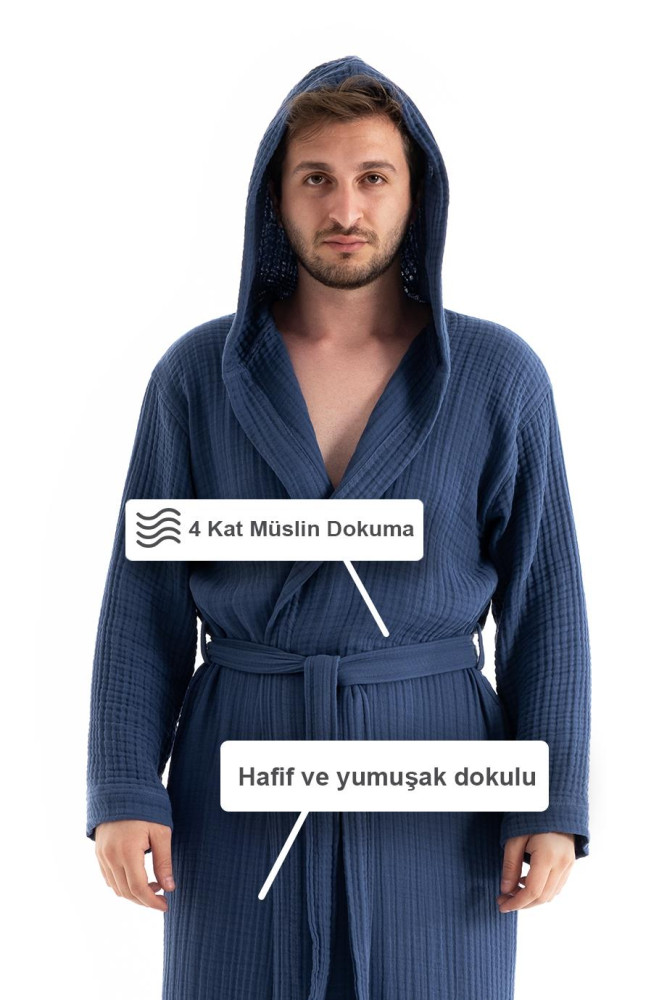 Unisex Kapşonlu 4 Kat Müslin Bornoz - Lacivert görsel 4