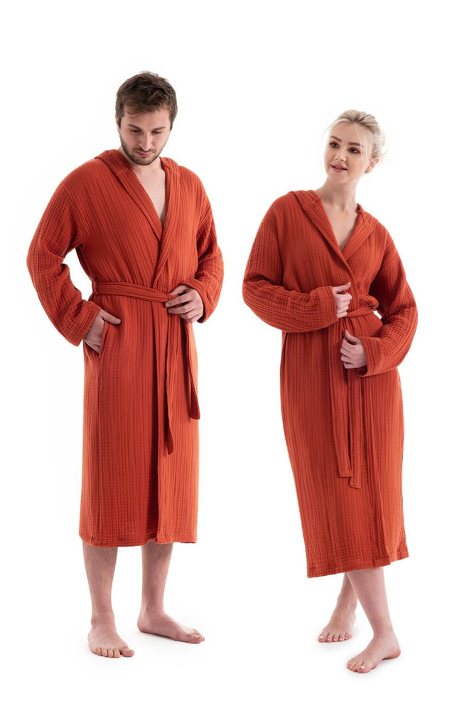 Unisex Kapşonlu 4 Kat Müslin Bornoz - Kiremit