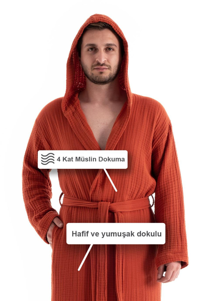 Unisex Kapşonlu 4 Kat Müslin Bornoz - Kiremit görsel 4