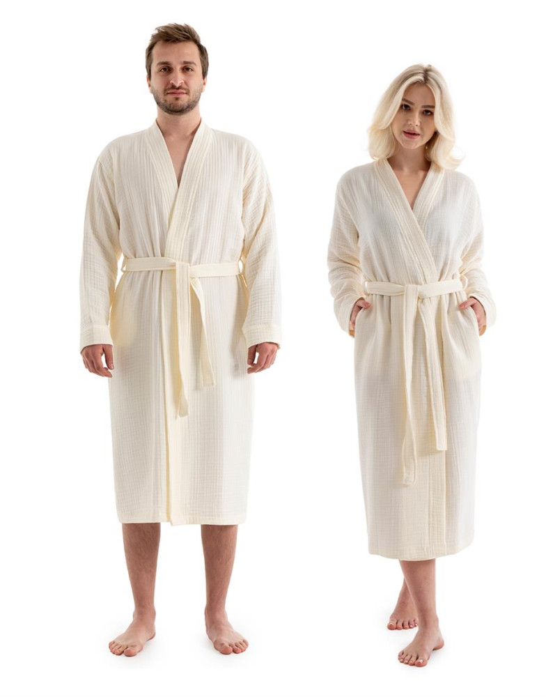 Unisex Kimono Bornoz - Ekru görsel 3