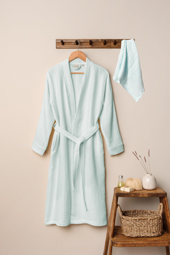 Unisex Kimono Müslin Bornoz-Havlu Seti - Mint