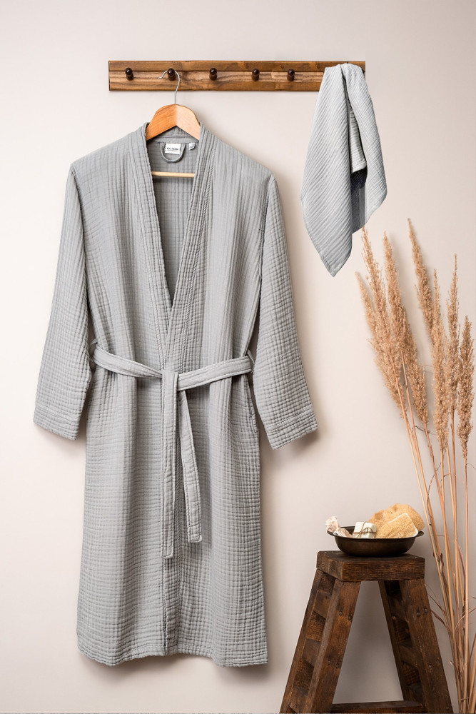 Unisex Kimono Müslin Bornoz-Havlu Seti - Gri görsel 2
