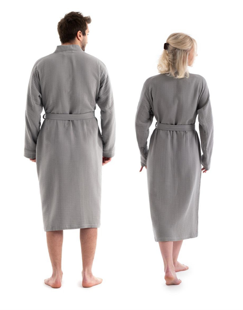 Unisex Kimono Müslin Bornoz-Havlu Seti - Gri görsel 4