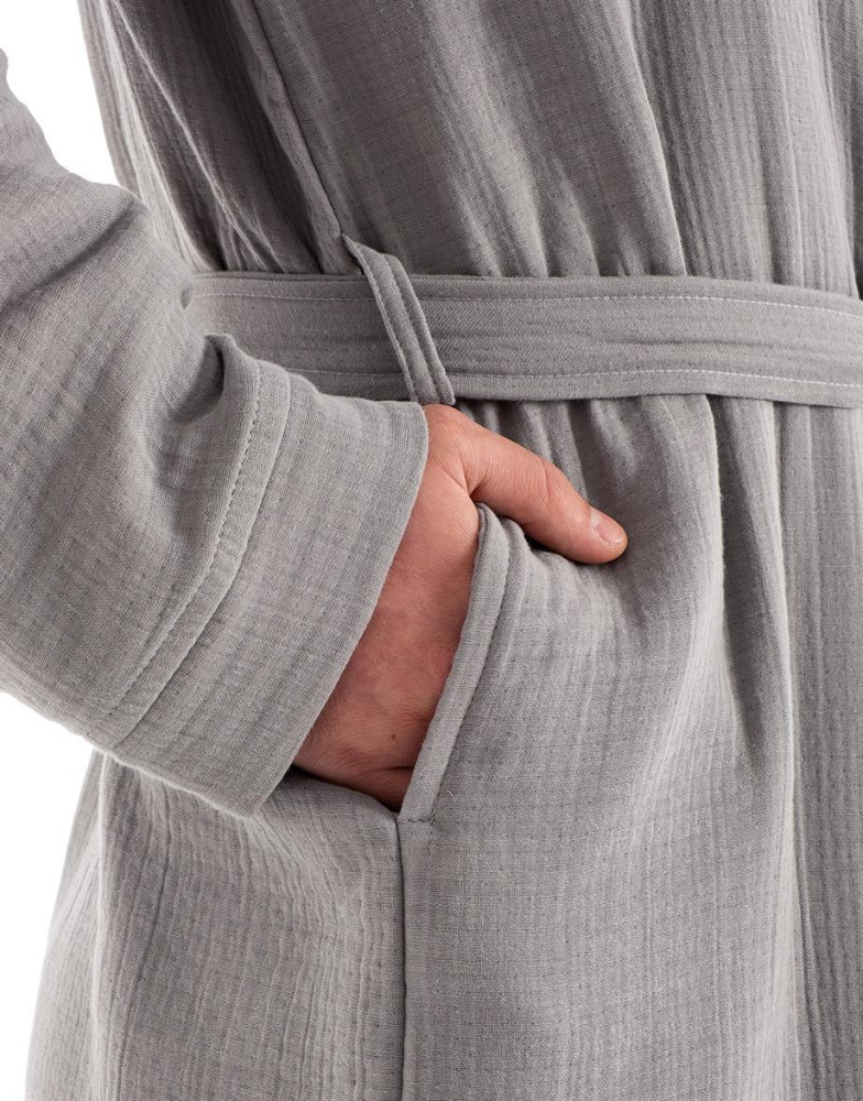 Unisex Kimono Müslin Bornoz-Havlu Seti - Gri görsel 5
