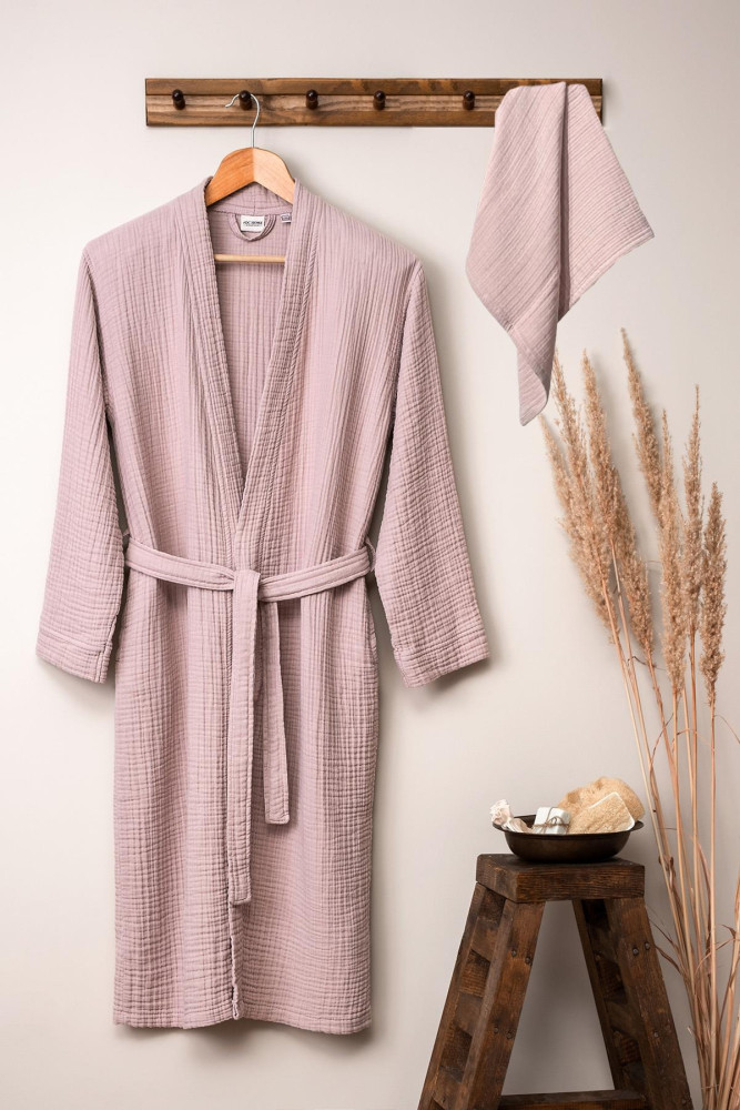 Unisex Kimono Müslin Bornoz-Havlu Seti - Pudra