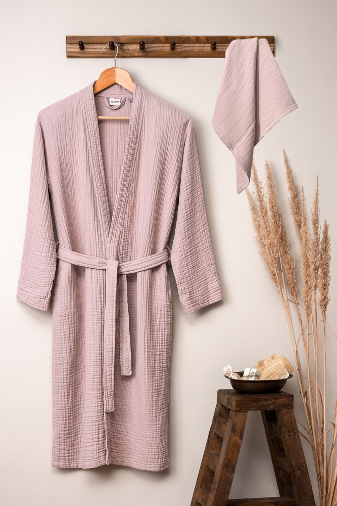Unisex Kimono Müslin Bornoz-Havlu Seti - Pudra görsel 2