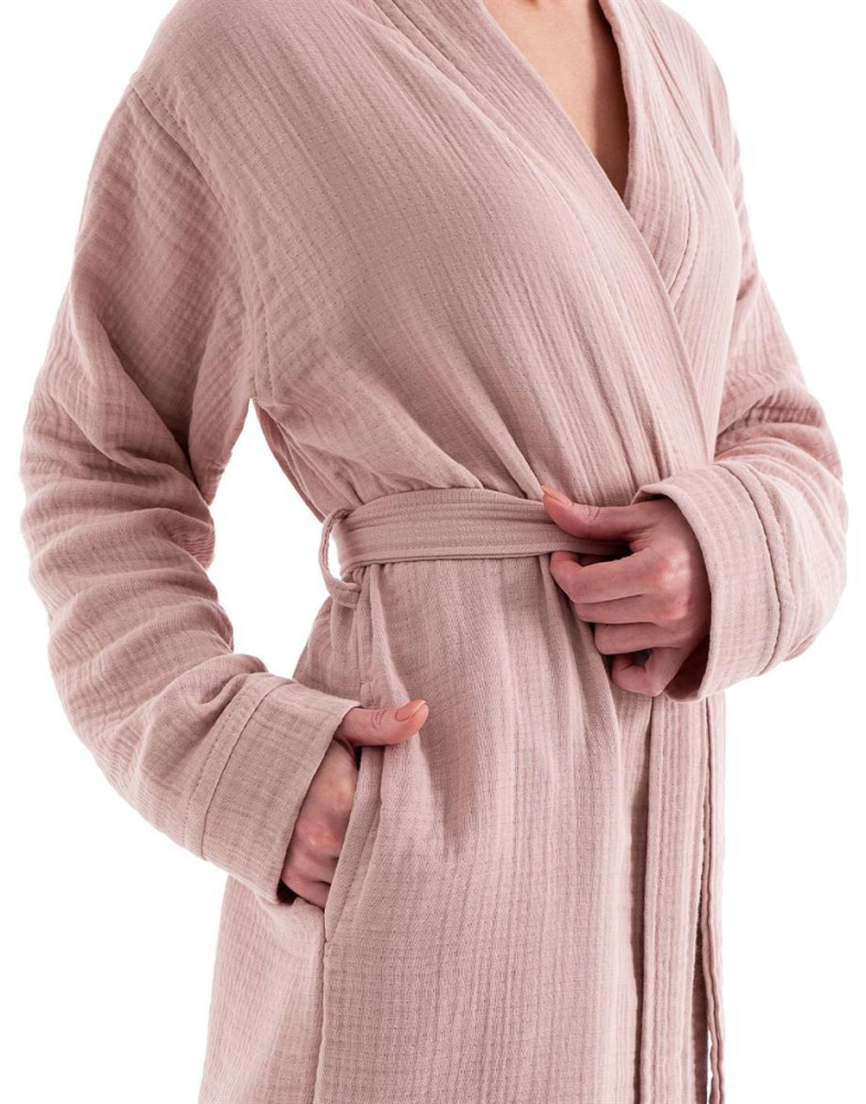 Unisex Kimono Müslin Bornoz-Havlu Seti - Pudra görsel 5
