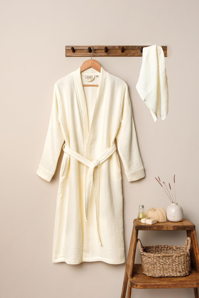 Unisex Kimono Müslin Bornoz-Havlu Seti - Ekru