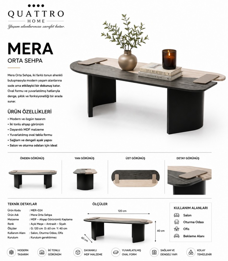 Mera 120 cm İki Tonlu Oval Orta Sehpa – Açık Meşe Antrasit  Ürün Açıklaması