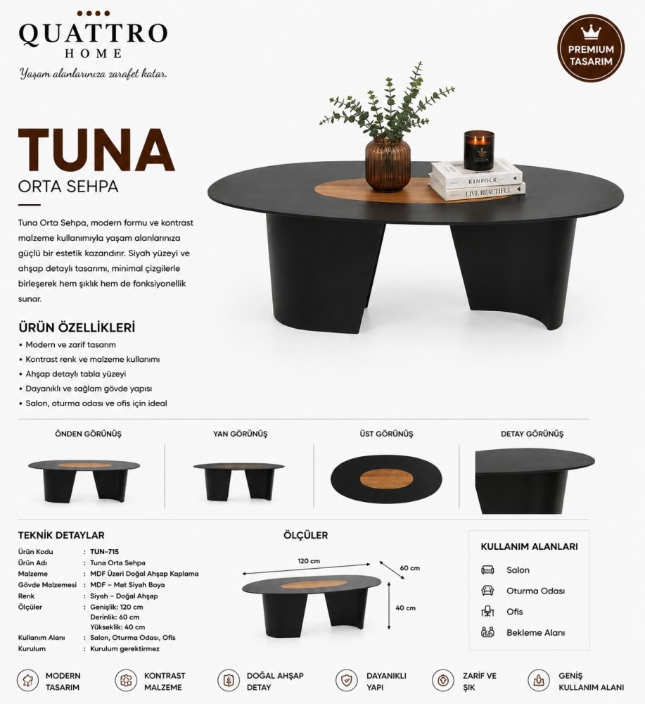Tuna 120 cm Oval Orta Sehpa – Siyah ve Doğal Ahşap Detaylı