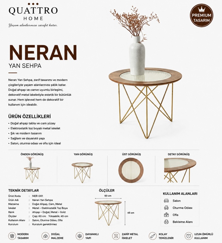 Neran 60 cm Doğal Ahşap Camlı Gold Metal Yan Sehpa