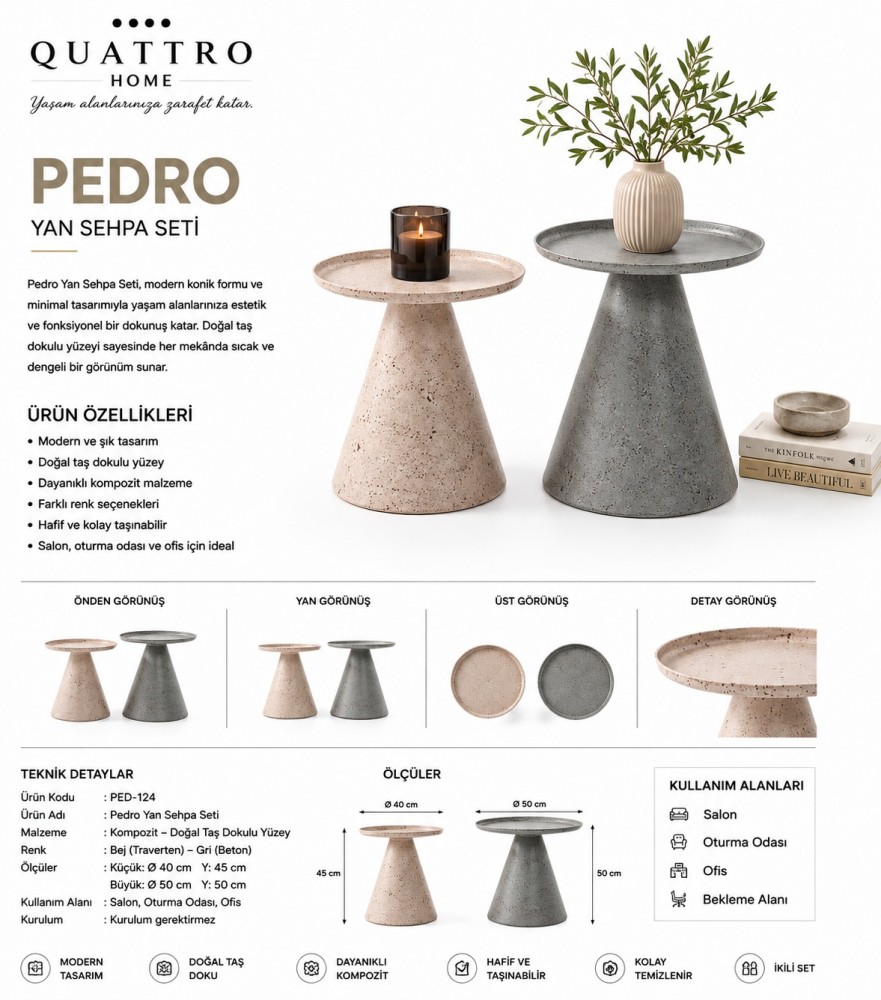 Pedro 2’li Doğal Taş Dokulu Konik Yan Sehpa Seti – Bej Gri