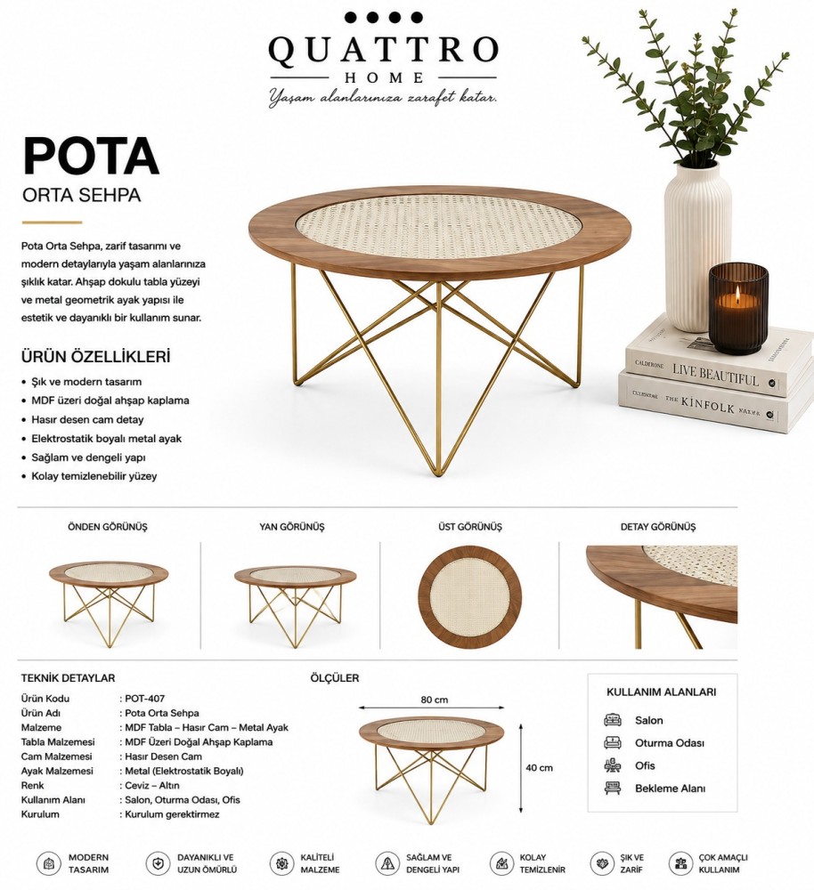 Pota 80 cm Ahşap ve Hasır Camlı Gold Metal Orta Sehpa