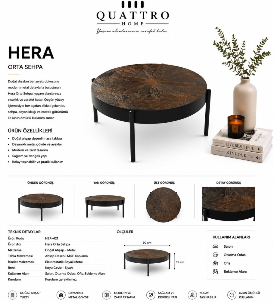 Hera 90 cm Ahşap Desenli Yuvarlak Orta Sehpa – Siyah Metal Ayaklı