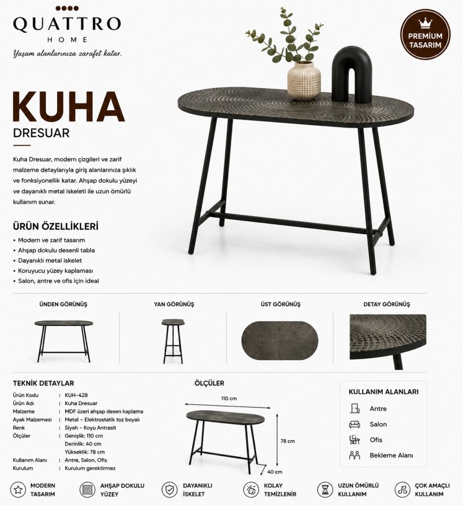 Kuha 110 cm Ahşap Desenli Siyah Metal Ayaklı Dresuar