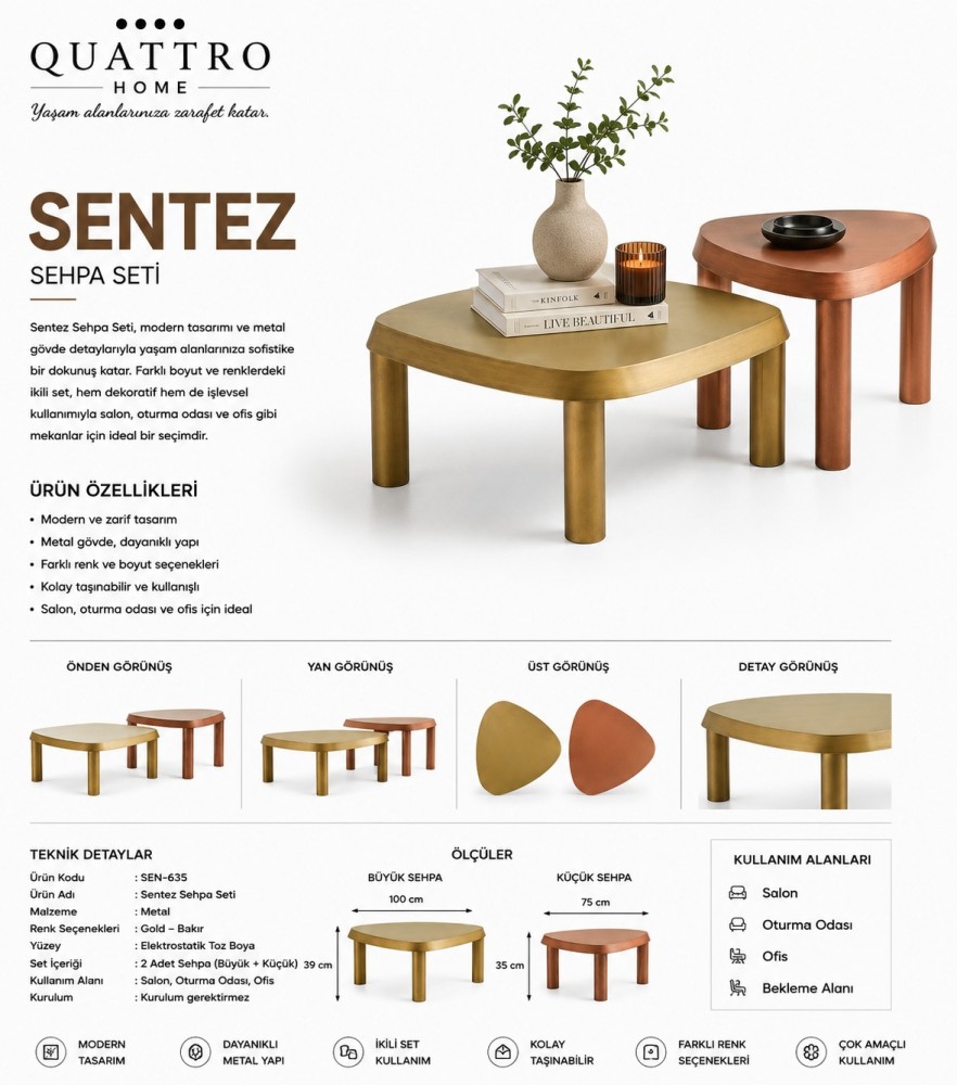 Sentez İkili Metal Sehpa Seti – Gold & Bakır