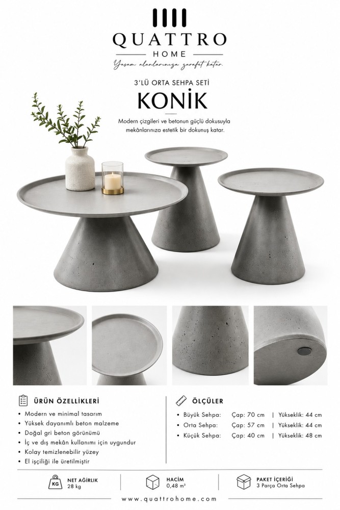 Konik 3’lü Beton Orta Sehpa Seti – Gri