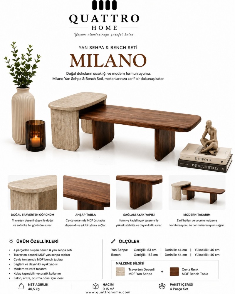 Milano Traverten Desenli Yan Sehpa & Ceviz Bench Seti
