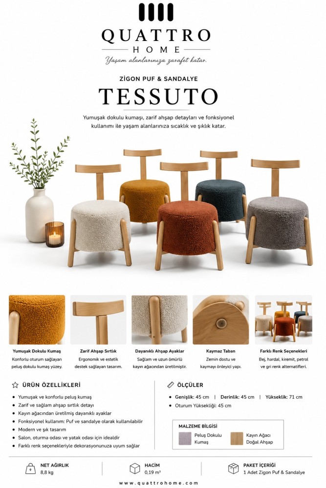 Tessuto Peluş Kumaşlı Ahşap Sırtlı Puf & Sandalye
