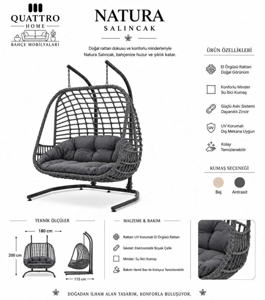 Natura Rattan Bahçe Ve Balkon Salıncağı Antrasit