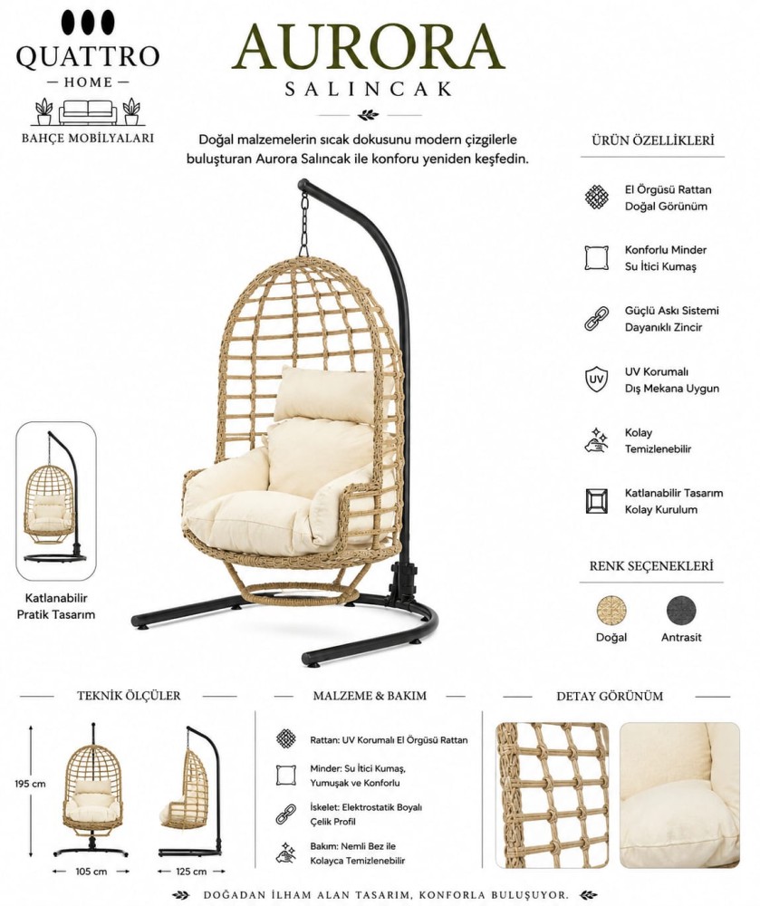 Aurora Rattan Bahçe Salıncağı Bej