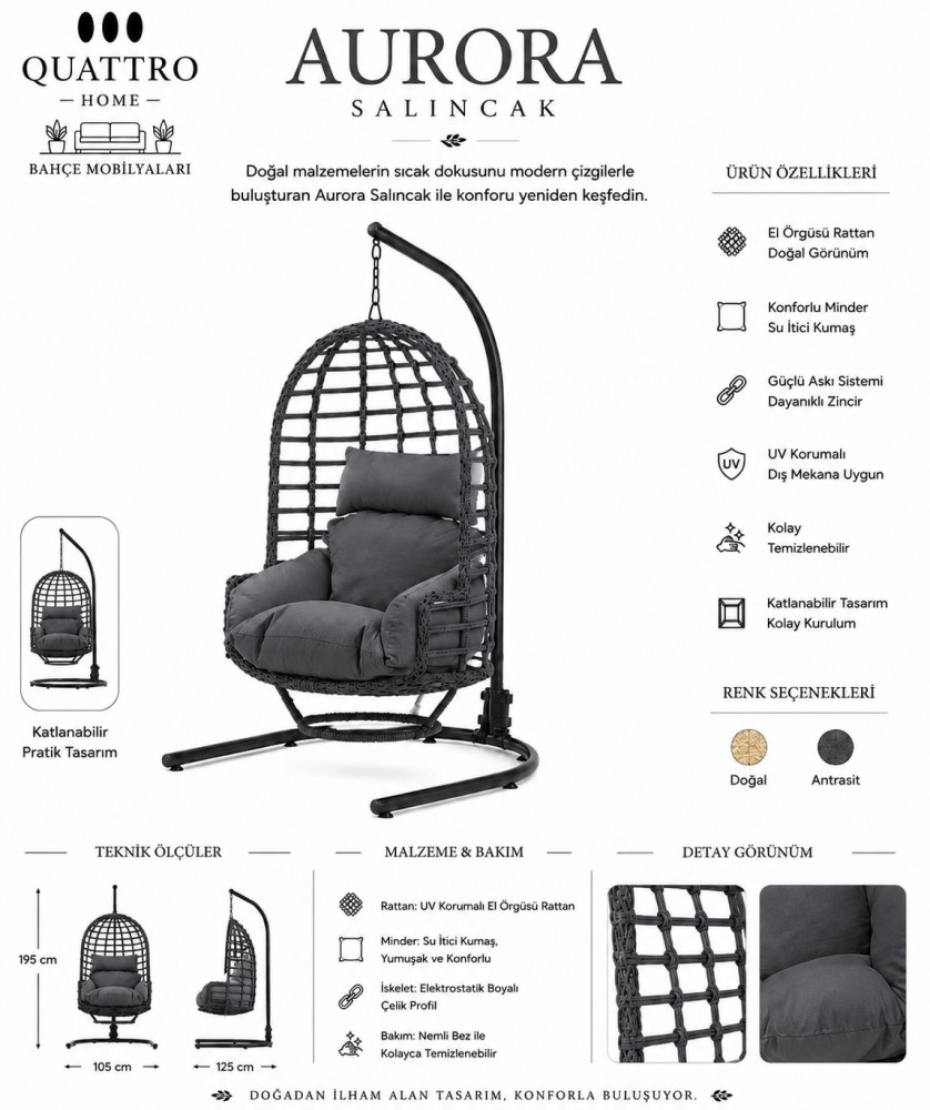 Aurora Rattan Bahçe Salıncağı Antrasit