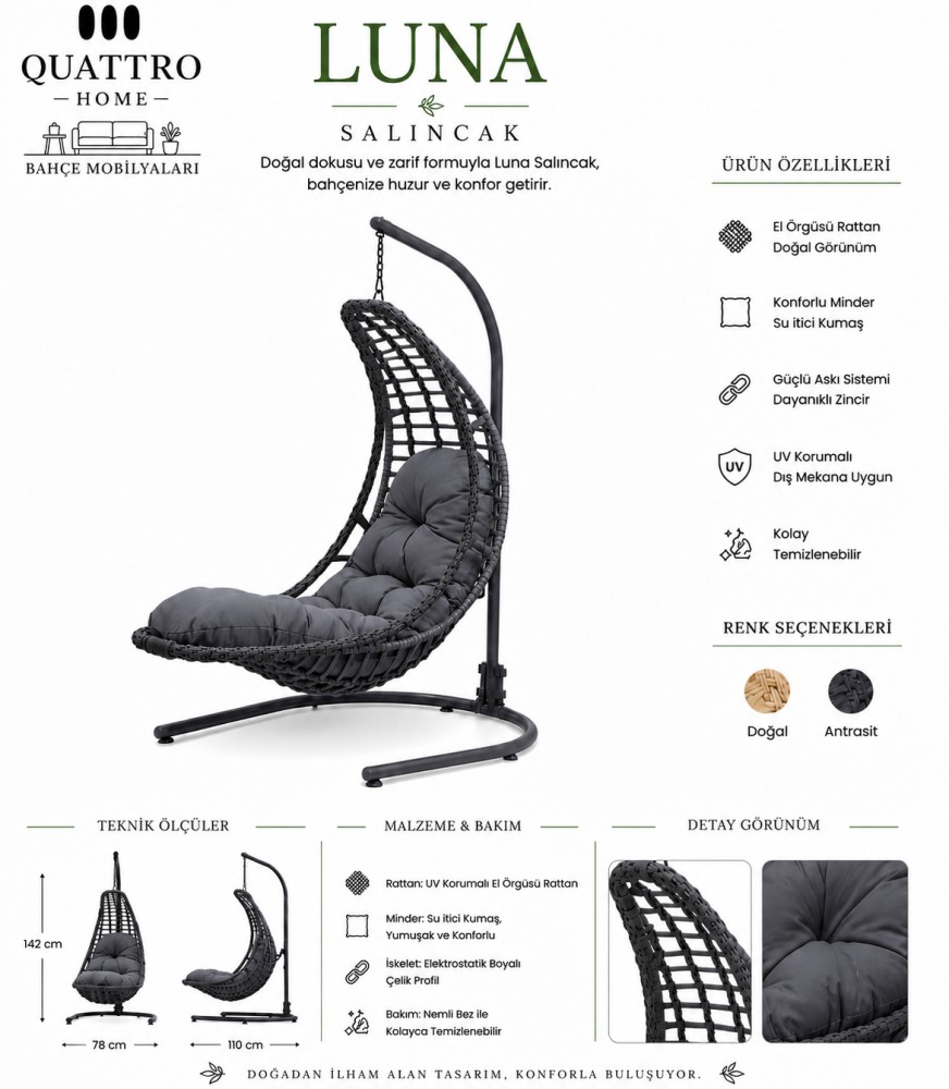 Luna Rattan Bahçe Ve Balkon Salıncağı Antrasit