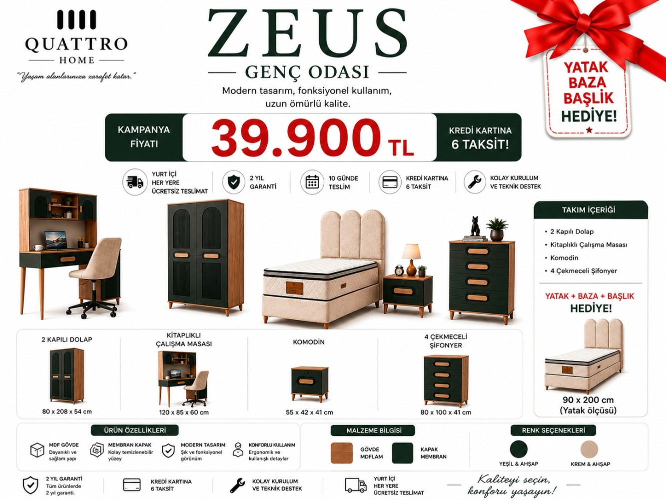 Zeus Genç Odası Takımı – 2 Kapılı Dolap, Çalışma Masası, Komodin ve Şifonyer