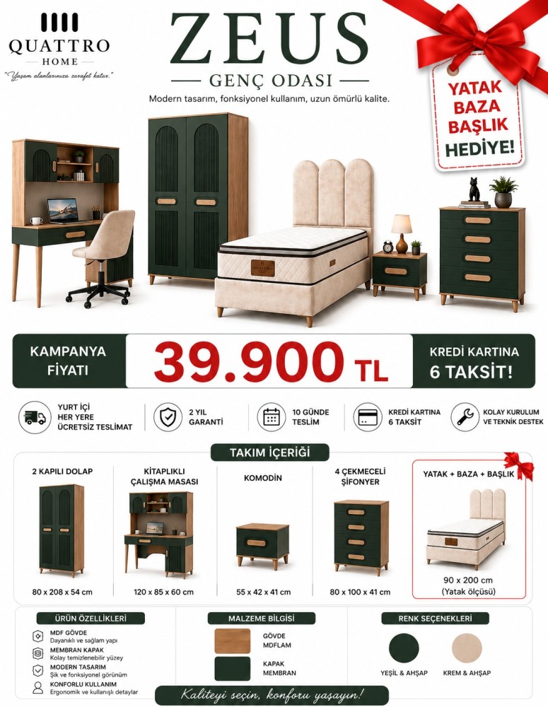 Zeus Genç Odası Takımı – 2 Kapılı Dolap, Çalışma Masası, Komodin ve Şifonyer görsel 2