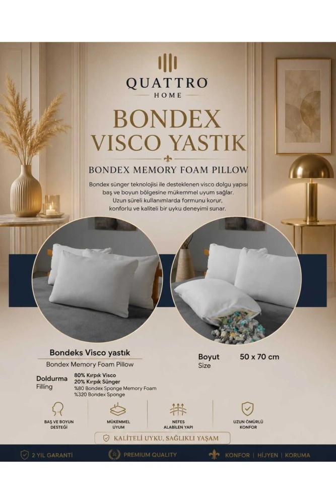 Bondex Visco Yastık 50x70 cm Memory Foam Kırpık Visco Yastık Baş ve Boyun Destekli