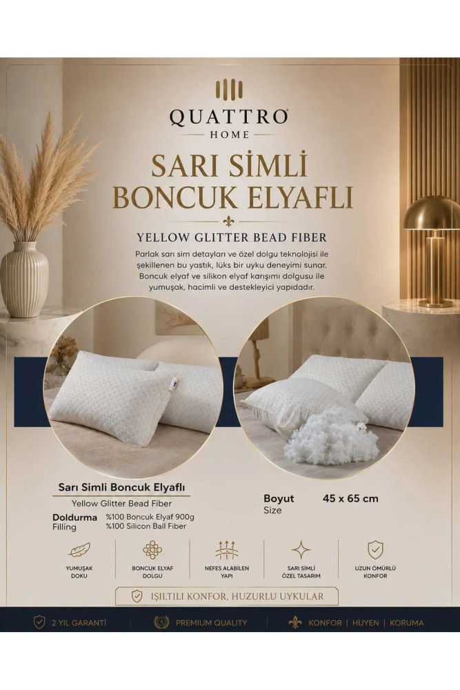 Boncuk Elyaflı Yastık 45x65 cm 900 Gr Silikon Boncuk Elyaf Dolgulu Hipoalerjenik Yıkanabilir Uyku Yastığı