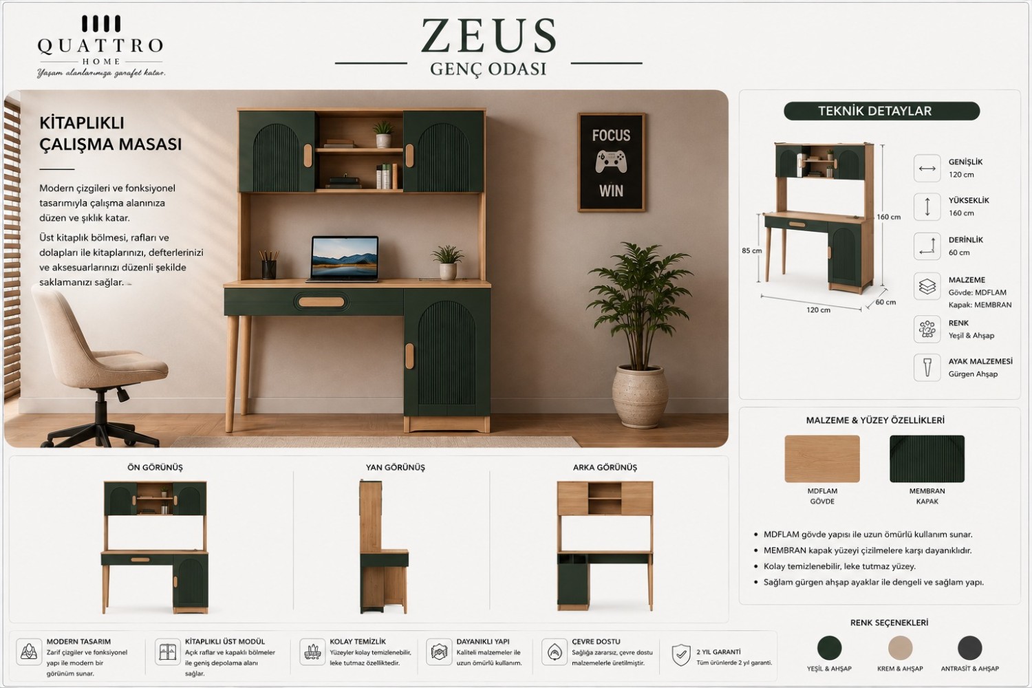 Zeus Kitaplıklı Çalışma Masası