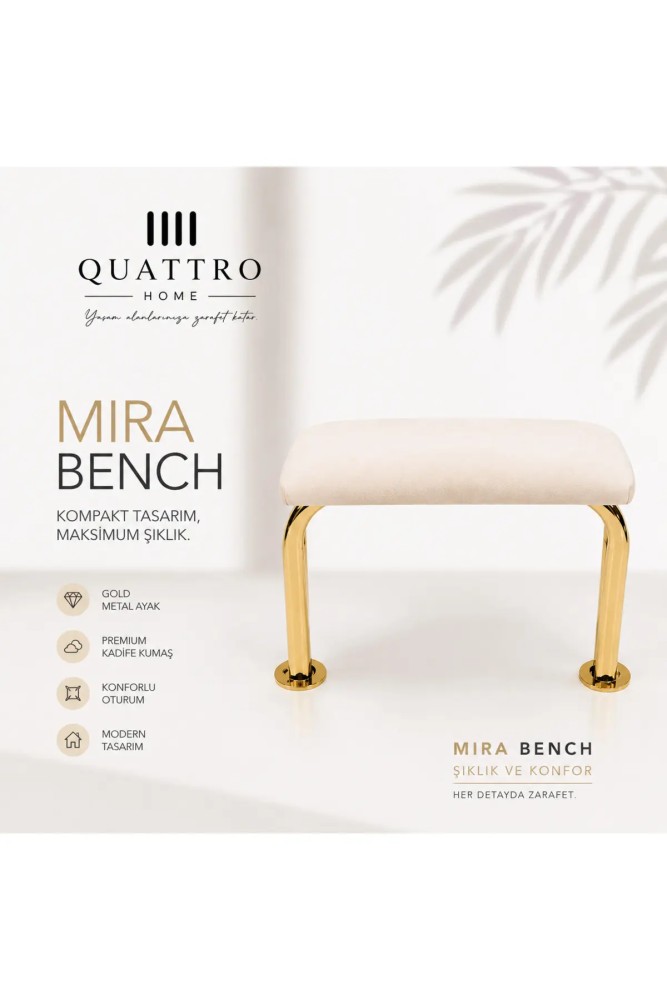 Mira Gold Metal Ayaklı Kadife Bench