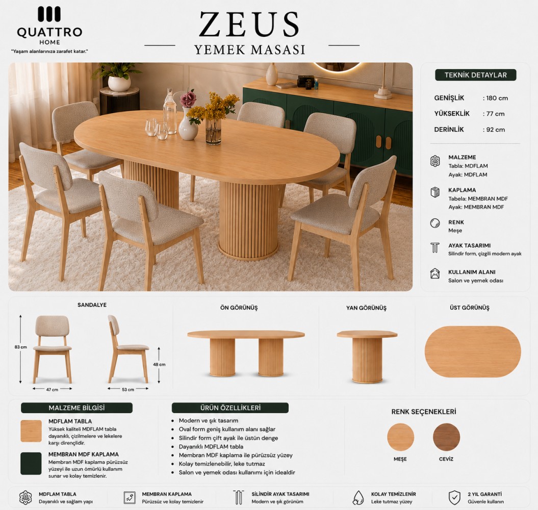 Zeus Yemek Masası ve Sandalye Takımı