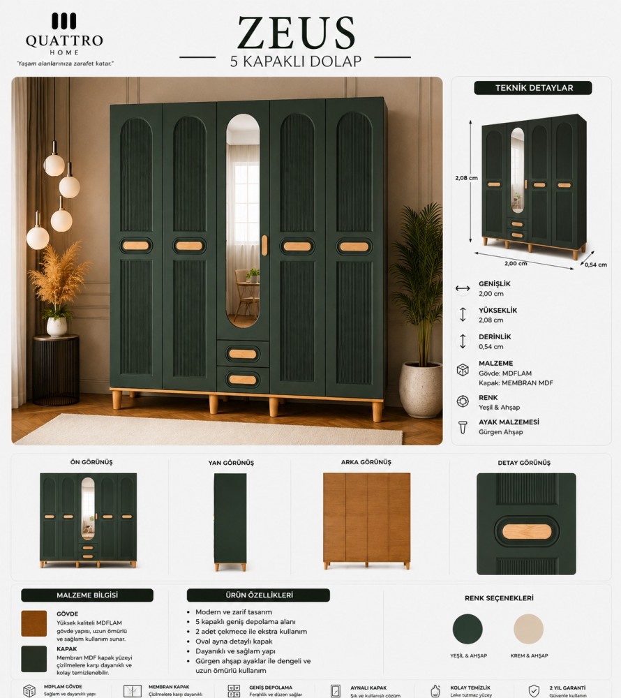 Zeus 5 Kapaklı Aynalı Gardırop