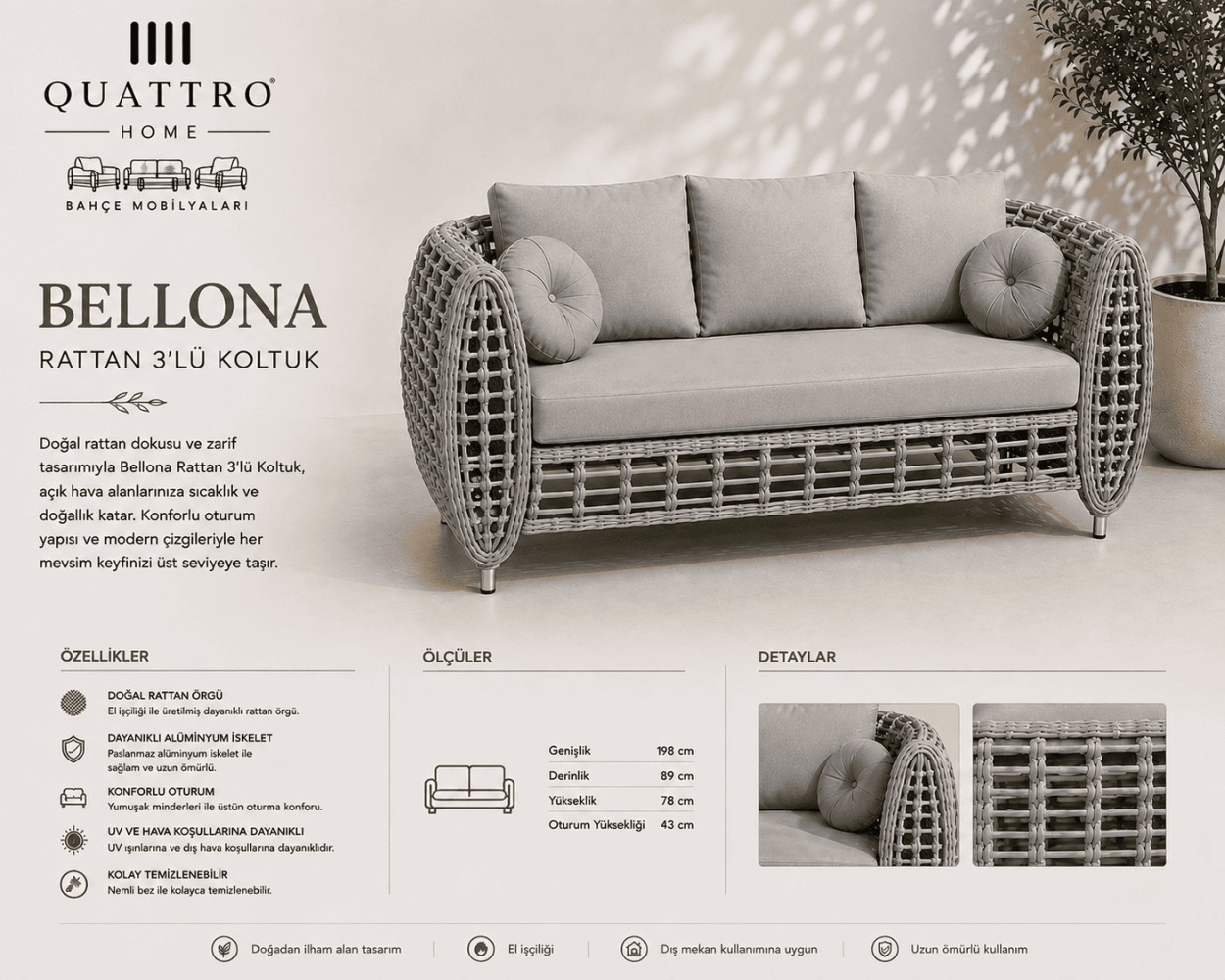 Bellona Rattan Bahçe Koltuğu 3 Lü