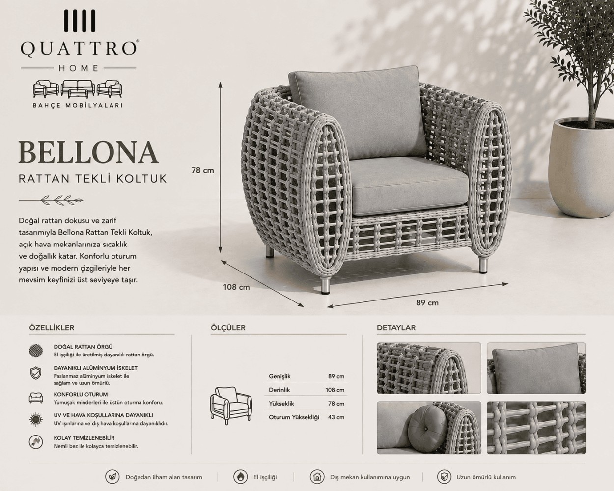 Bellona Rattan Bahçe Balkon Koltuğu Tekli Gri