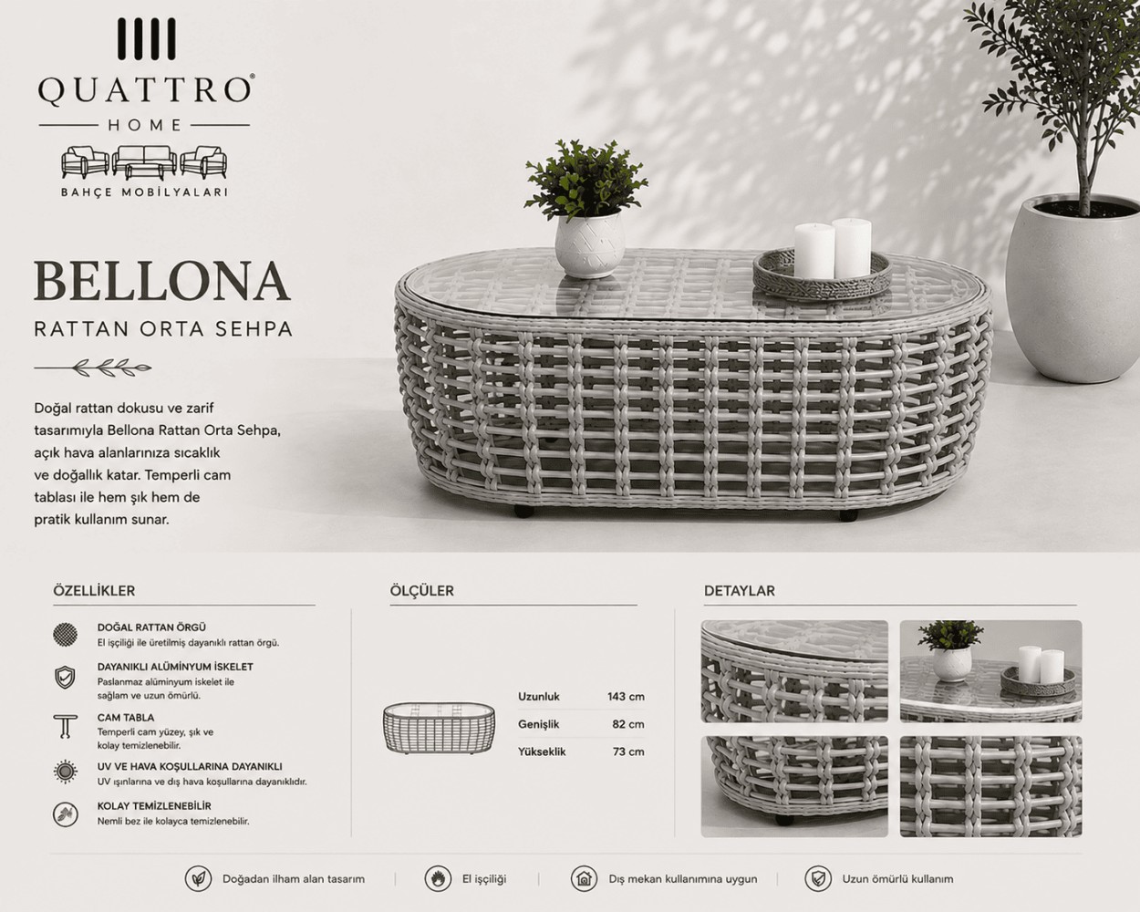 Bellona Rattan Bahçe Balkon Orta Sehpa Gri