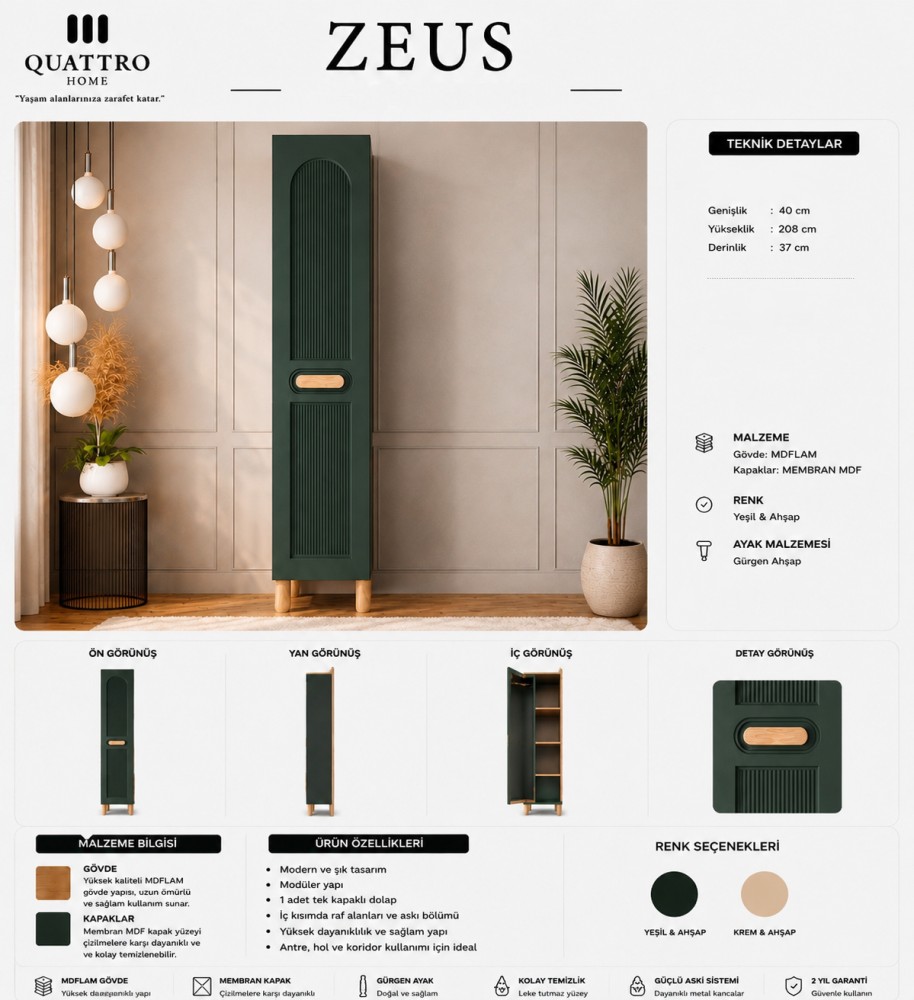 Zeus Tek Kapaklı Portmanto Dolabı