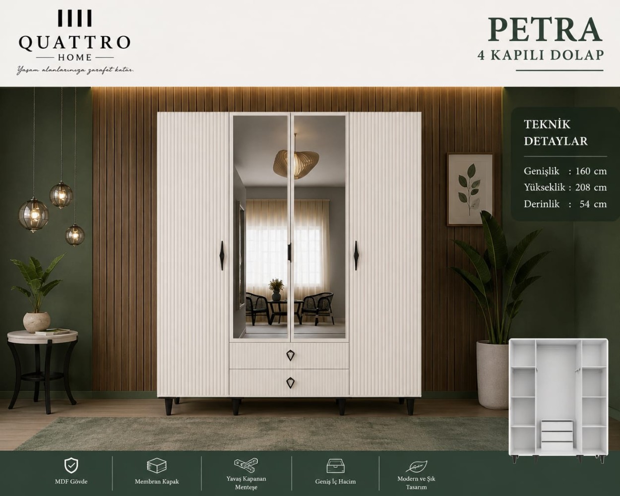 Petra 4 Kapılı Aynalı Dolap