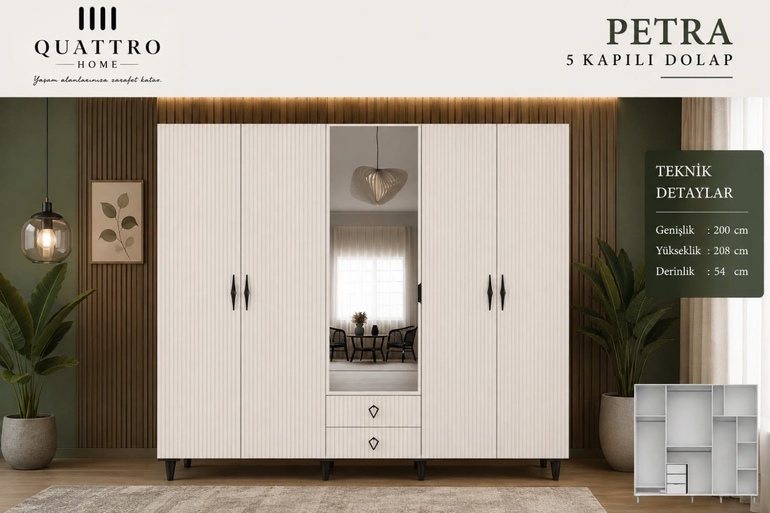 Petra 5 Kapılı Aynalı Dolap