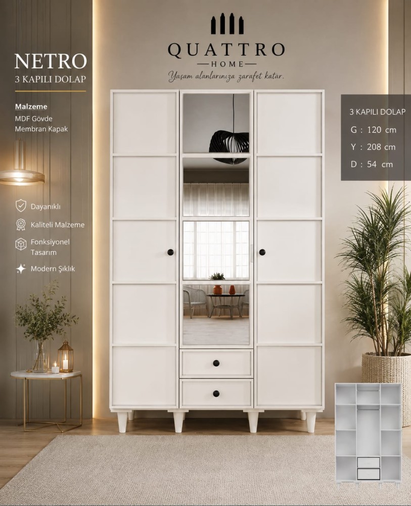 Netro 3 Kapılı Aynalı Dolap