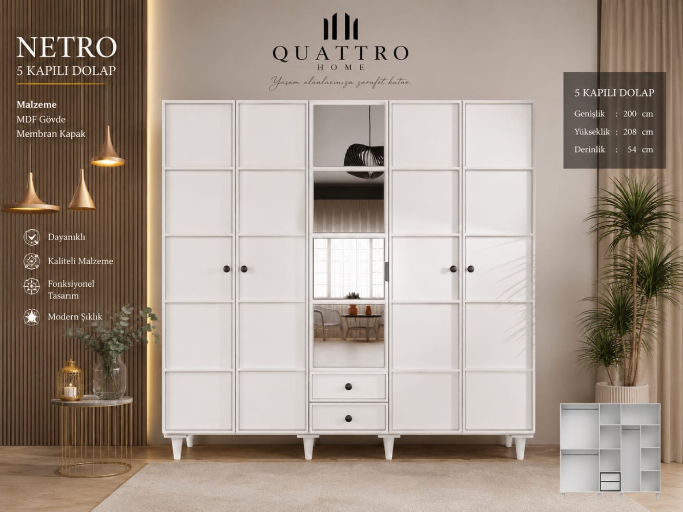 Netro 5 Kapılı Aynalı Dolap