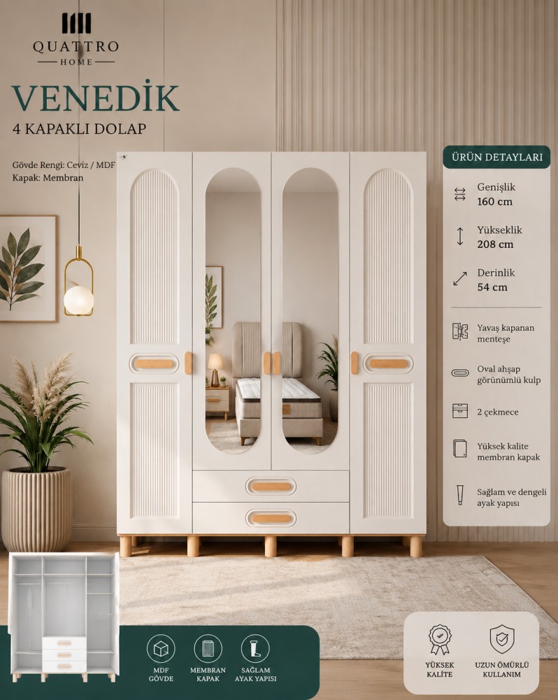 Venedik 4 Kapılı Aynalı Dolap