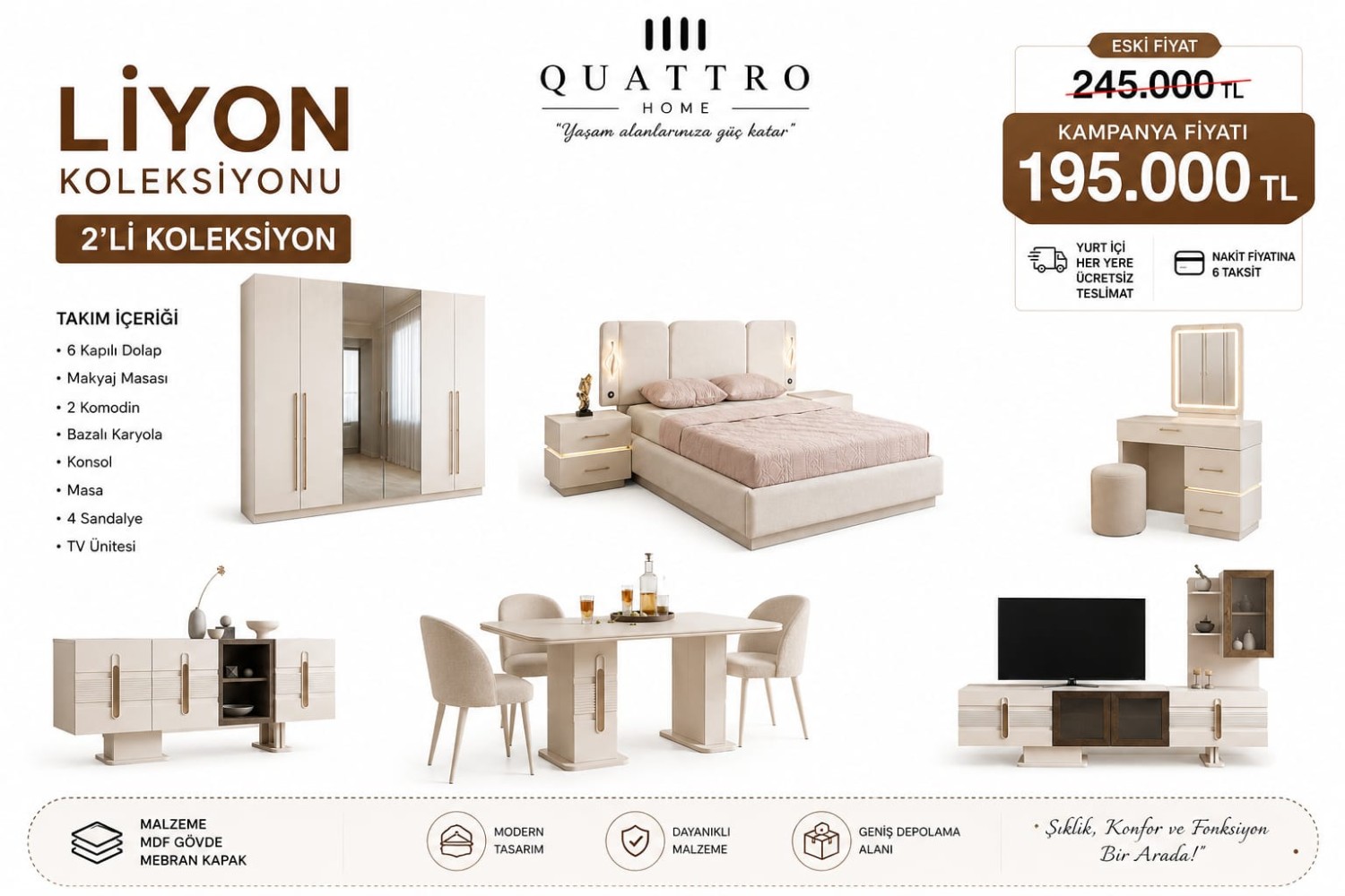Liyon 2’li Koleksiyon Yatak Odası ve Yemek Odası Takımı