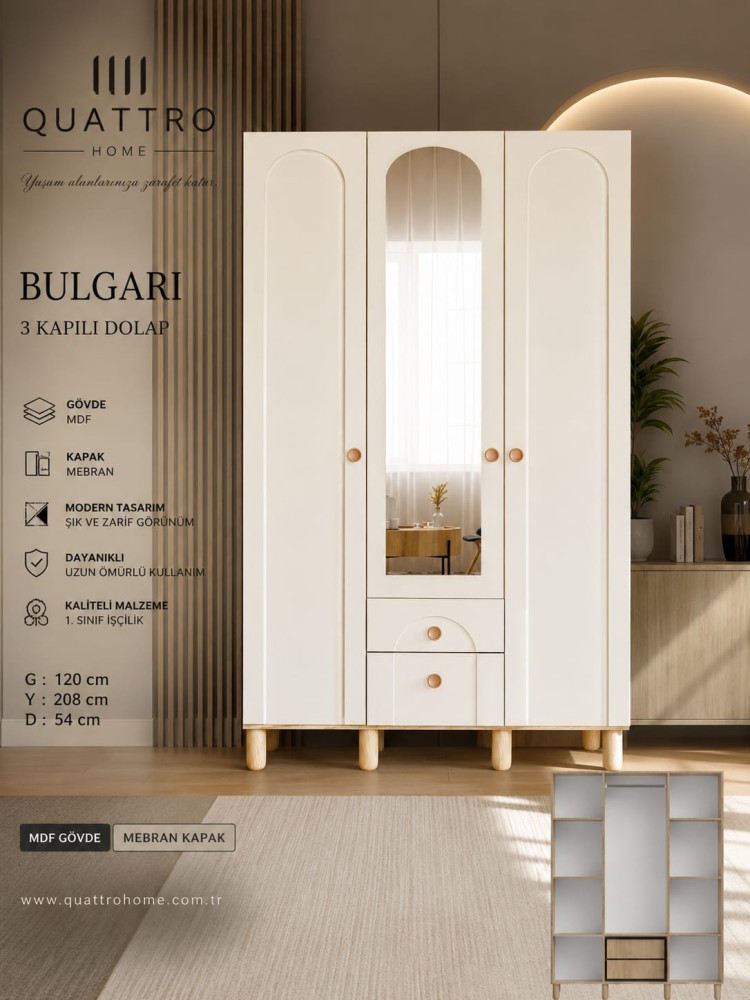 Bulgari 3 Kapılı Aynalı Dolap