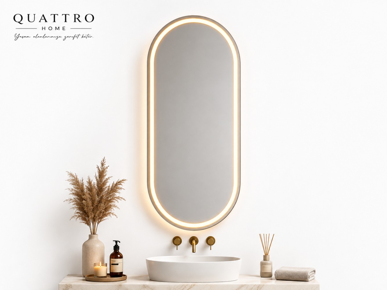 Oval Kapsül Form LED Banyo Aynası – Dokunmatik Dimmerli Şişecam Flotal Dekoratif Ayna