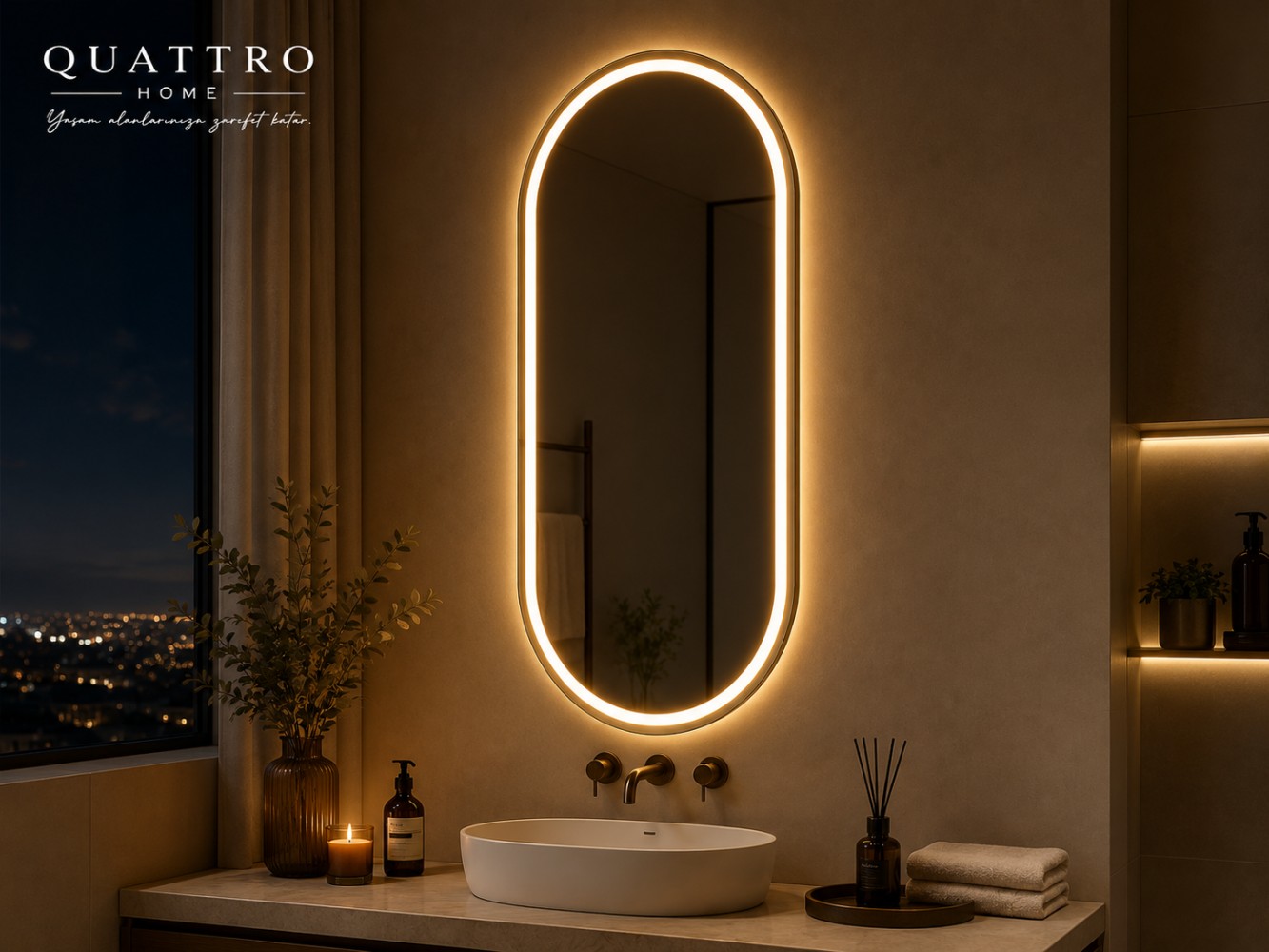 Oval Kapsül Form LED Banyo Aynası – Dokunmatik Dimmerli Şişecam Flotal Dekoratif Ayna görsel 2